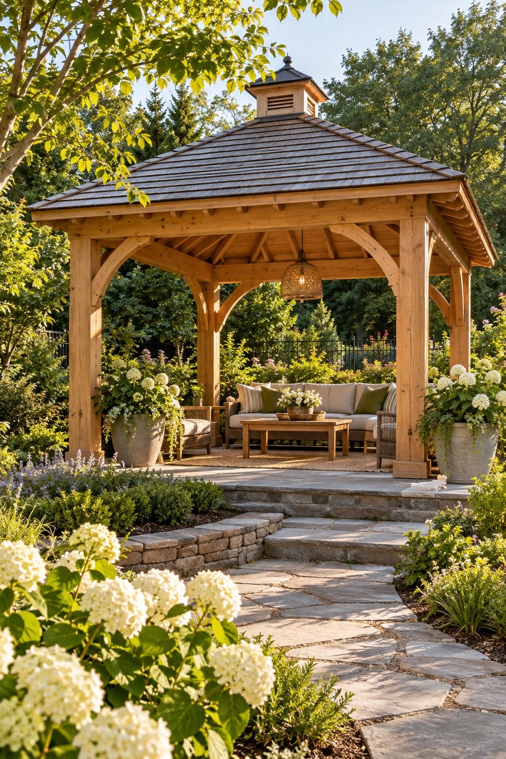 A cedar garden pavilion with a shingled roof above a planted patio