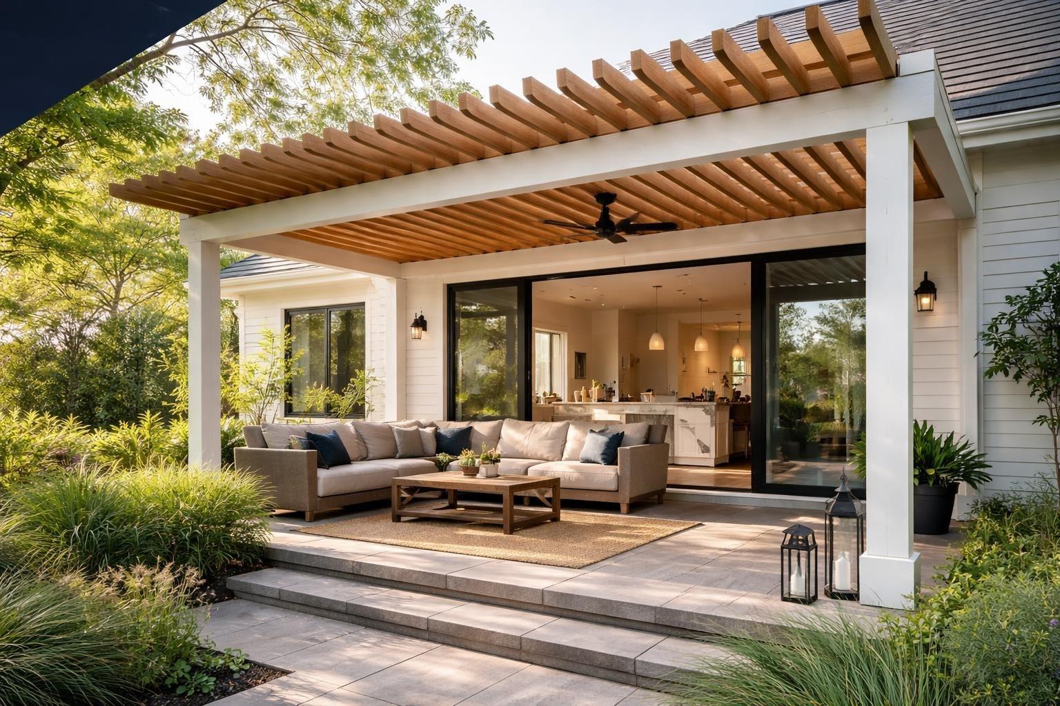 A cedar pergola over a furnished stone patio, opening onto a landscaped garden